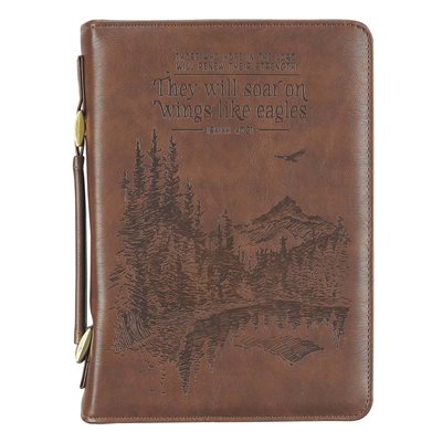 Couverture pour Bible LARGE / On Wings Like Eagles Brown Faux Leather Classic Bible Cover - Isaiah 40:31 , LARGE