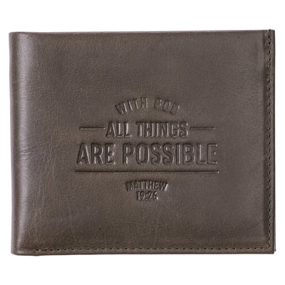 Portefeuille en Cuir Véritable Brun / With God All Things Are Possible Brown Genuine Leather Wallet - Matthew 19:26